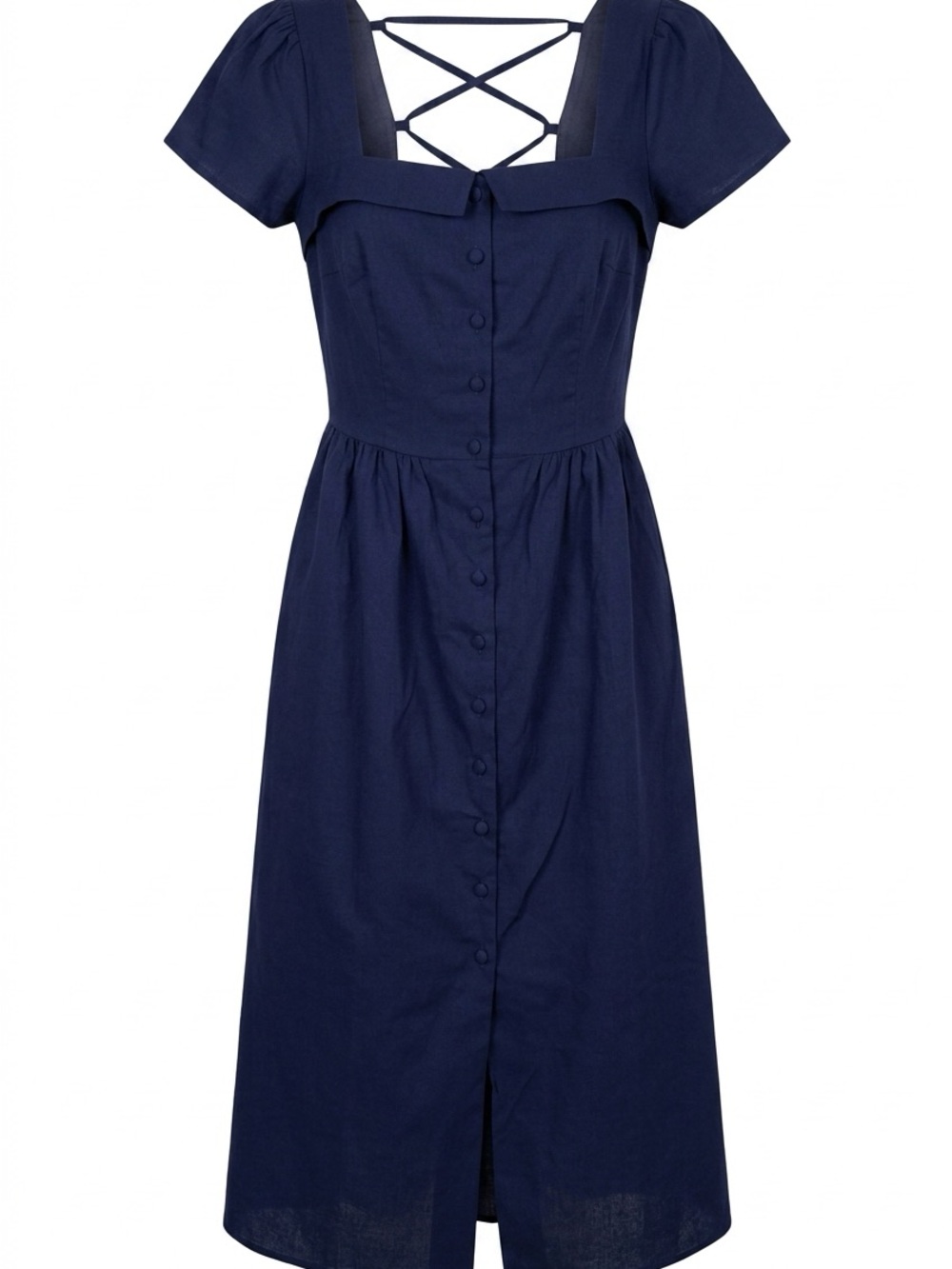RIHOAS Navy Button-Front Midi Dress with Crisscross Back